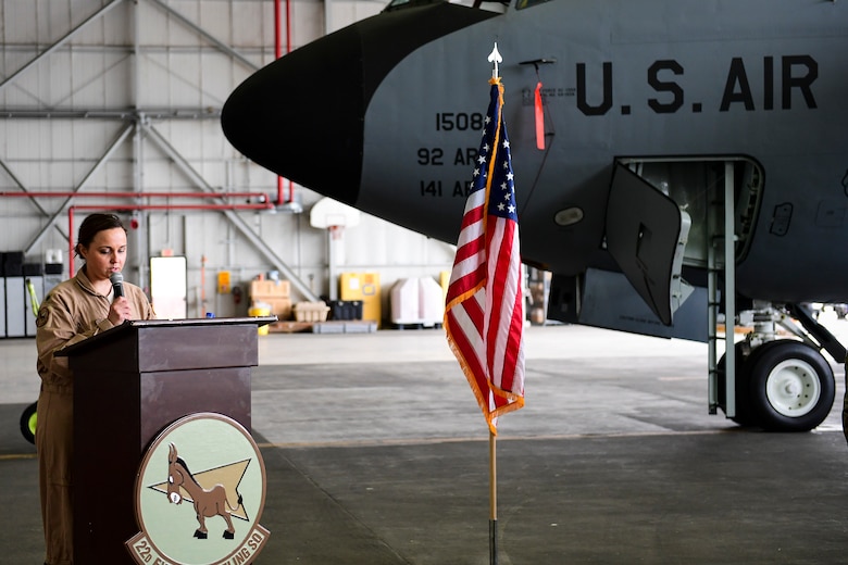 Lt. Col. Jessica Guarini, 22d Expeditionary Air Refueling Squadron commander, offers encouraging words to those in attendance during the Shell 77 memorial ceremony, May 3, 2019, at Incirlik Air Base, Turkey. Six years ago, Guarini was one of the members from the tanker community who was on the ramp in Dover Air Force Base, Del., during the crew’s dignified arrival. (U.S. Air Force photo by Staff Sgt. Ceaira Tinsley)