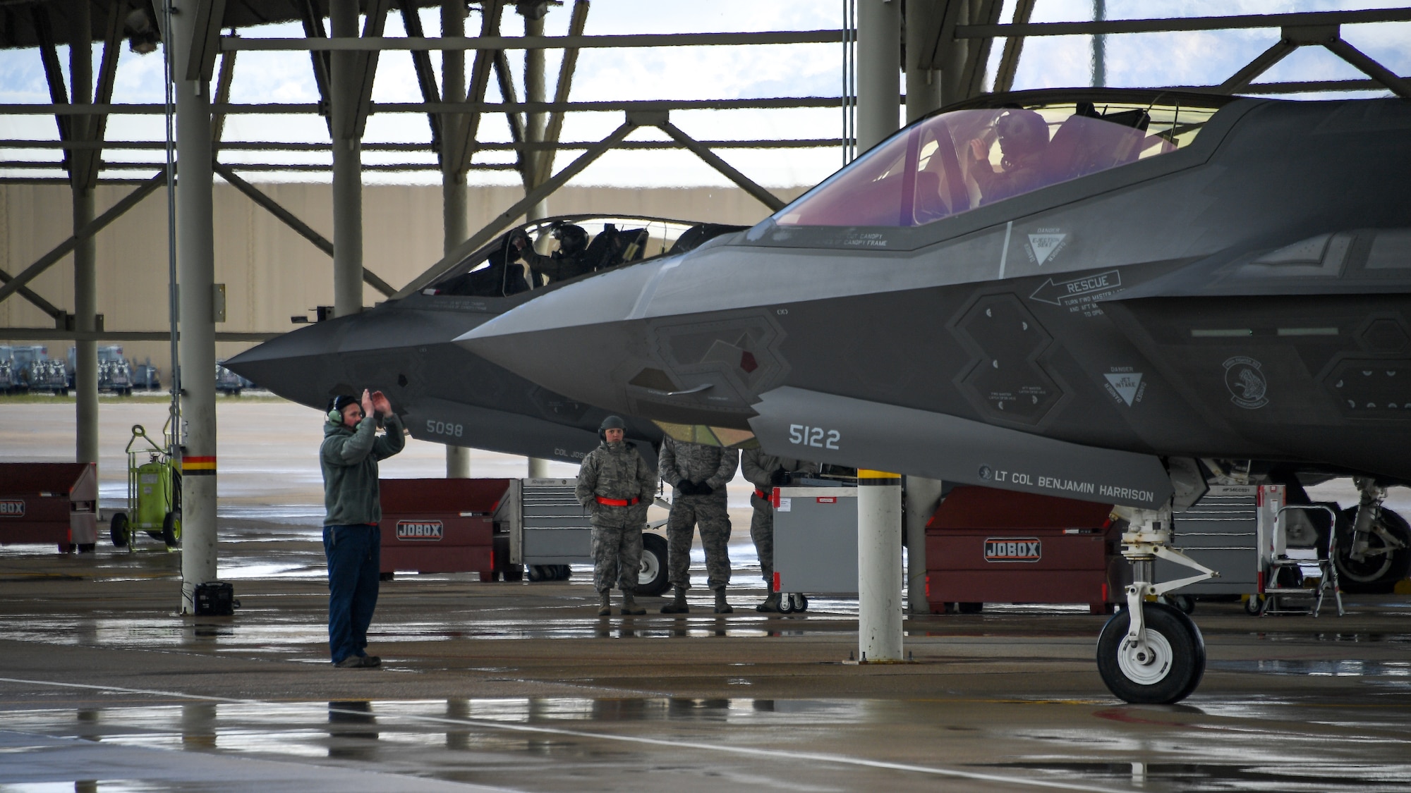 A crew chief launches an F-35A during a combat exercise at Hill Air Force Base, Utah, May 1, 2019.