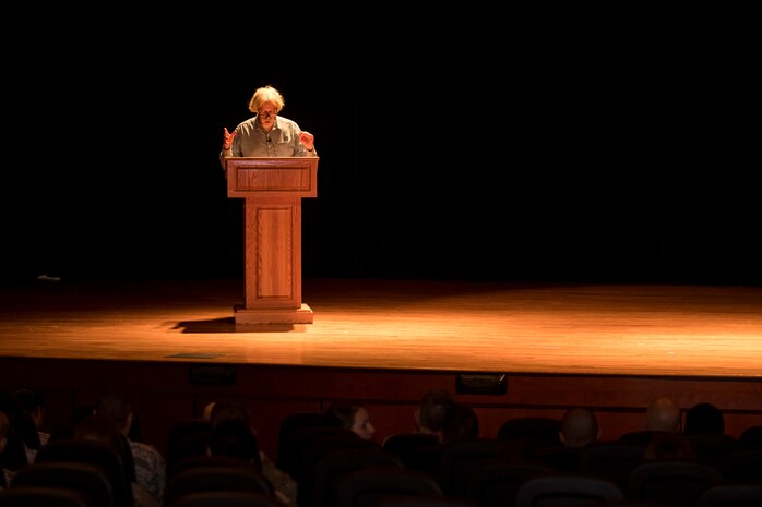 Theodore Rosengarten, College of Charleston Zucker and Goldberg Chair of Holocaust Studies, tells the history of the Holocaust to Airmen during Holocaust Remembrance Week May 2, 2019, at Joint Base Charleston, S.C.