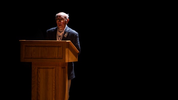 Joe Engel, Holocaust survivor, tells his story of being in concentration camps to an audience of Airmen as part of Holocaust Remembrance Week May 2, 2019, at Joint Base Charleston, S.C.