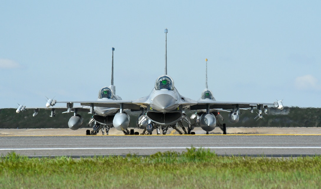 F-16s during a combat exercise at Hill Air Force Base, Utah, May 1, 2019. The active duty 388th Fighter Wing and Reserve 419th Fighter Wing, along with F-16 units from Holloman AFB, New Mexico, and Kunsan Air Base, Korea, conducted an integrated combat exercise where maintainers were tasked to continually provide ready aircraft and pilots took off in waves to simulate a large force engagement with enemy aircraft. (U.S. Air Force photo by R. Nial Bradshaw)
