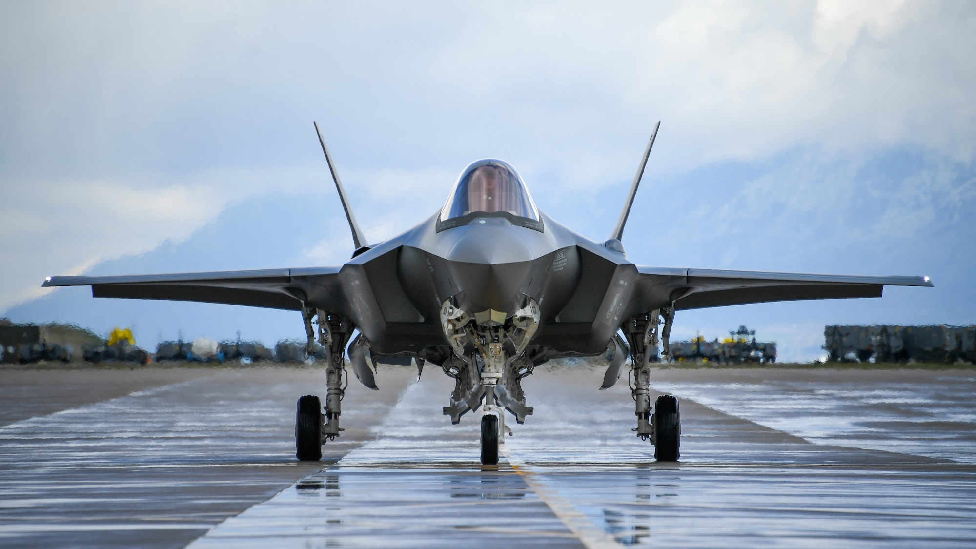 An F-35A taxis during a combat exercise at Hill Air Force Base, Utah, May 1, 2019. The active duty 388th Fighter Wing and Reserve 419th Fighter Wing, along with F-16 units from Holloman AFB, New Mexico, and Kunsan Air Base, Korea, conducted an integrated combat exercise where maintainers were tasked to continually provide ready aircraft and pilots took off in waves to simulate a large force engagement with enemy aircraft. (U.S. Air Force photo by R. Nial Bradshaw)