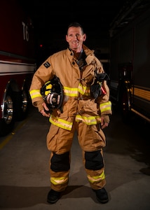 Fire Lt. Thomas Zuffelato, 104th Civil Engineering Squadron firefighter, poses for a photo May 2, 2019, at Barnes Air National Guard Base, Massachusetts. Zuffelato is also a firefighter in the Connecticut Air National Guard at the 103rd Airlift Wing.