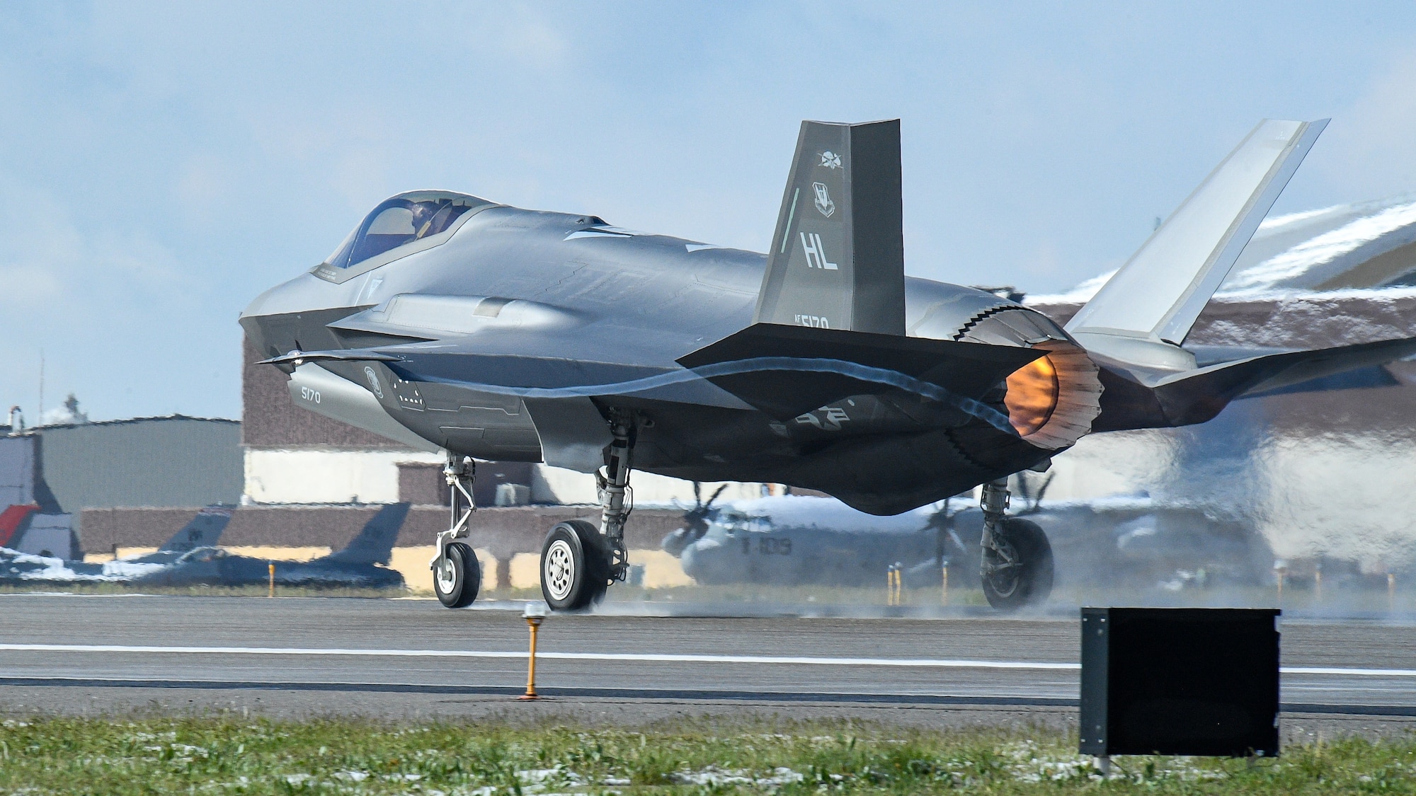 An F-35A takes off during a combat exercise at Hill Air Force Base, Utah, May 1, 2019. The active duty 388th Fighter Wing and Reserve 419th Fighter Wing, along with F-16 units from Holloman AFB, New Mexico, and Kunsan Air Base, Korea, conducted an integrated combat exercise where maintainers were tasked to continually provide ready aircraft and pilots took off in waves to simulate a large force engagement with enemy aircraft. (U.S. Air Force photo by R. Nial Bradshaw)