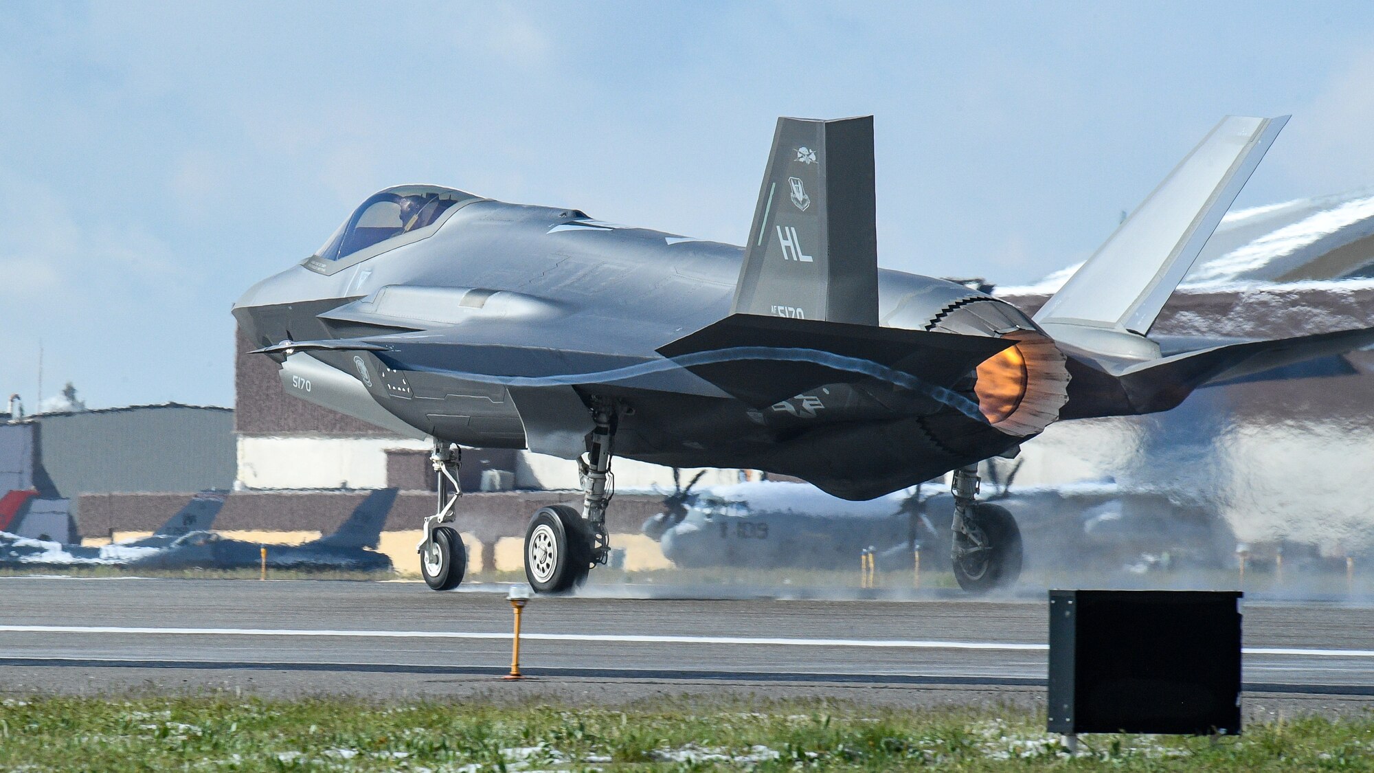 An F-35A takes off during a combat exercise at Hill Air Force Base, Utah, May 1, 2019. The active duty 388th Fighter Wing and Reserve 419th Fighter Wing, along with F-16 units from Holloman AFB, New Mexico, and Kunsan Air Base, Korea, conducted an integrated combat exercise where maintainers were tasked to continually provide ready aircraft and pilots took off in waves to simulate a large force engagement with enemy aircraft. (U.S. Air Force photo by R. Nial Bradshaw)