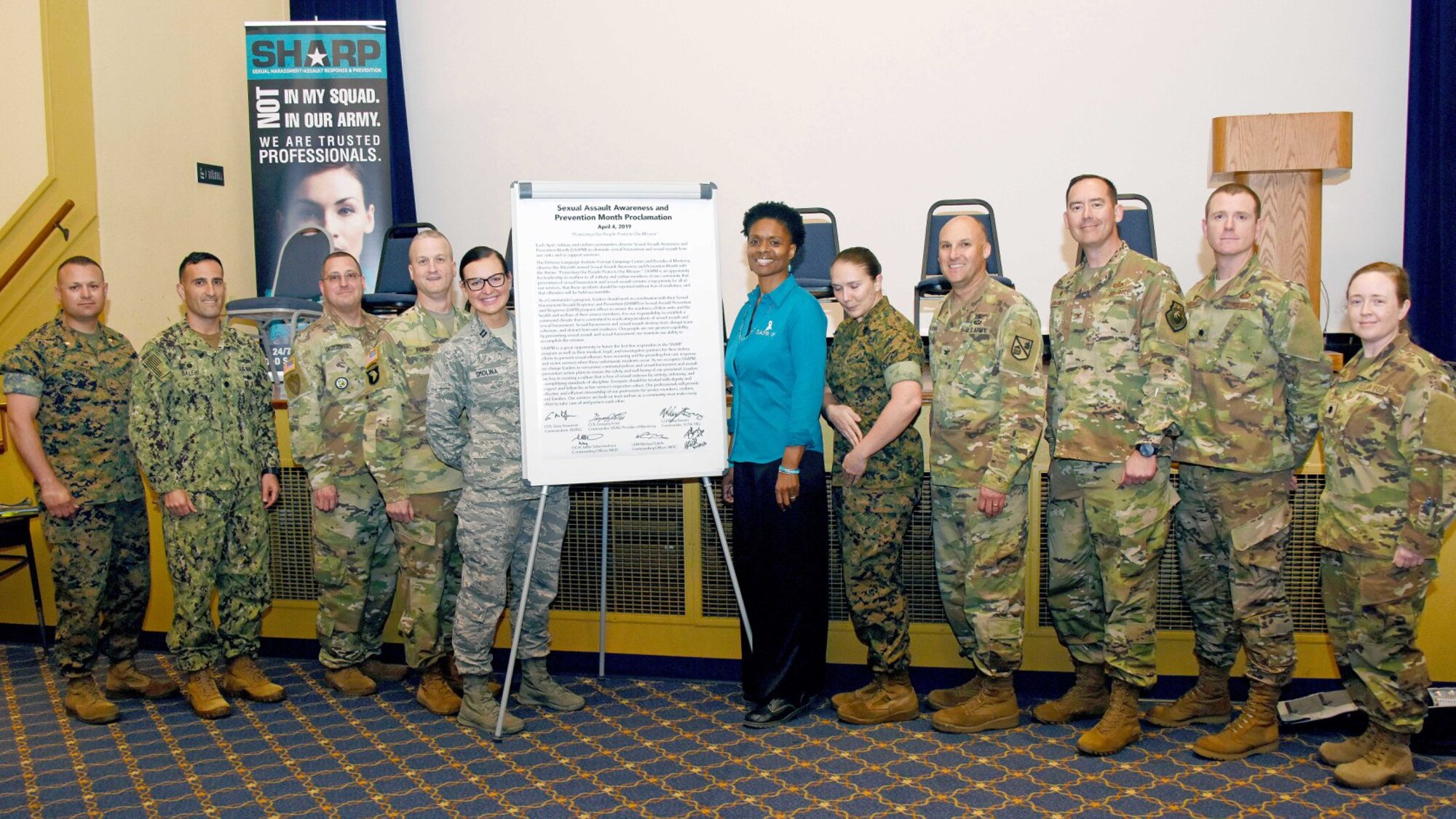 DLIFLC and Presidio of Monterey leadership gathered Thursday to sign a Sexual Assault Awareness proclamation at the Post Theater. Leaders of all four branches of the services showed their support by participating in a panel that discussed a variety of issues and answered student questions. Student participation was at an all-time high, with most volunteering to hear their leaders speak about sexual assault awareness and prevention. (Courtesy photo)