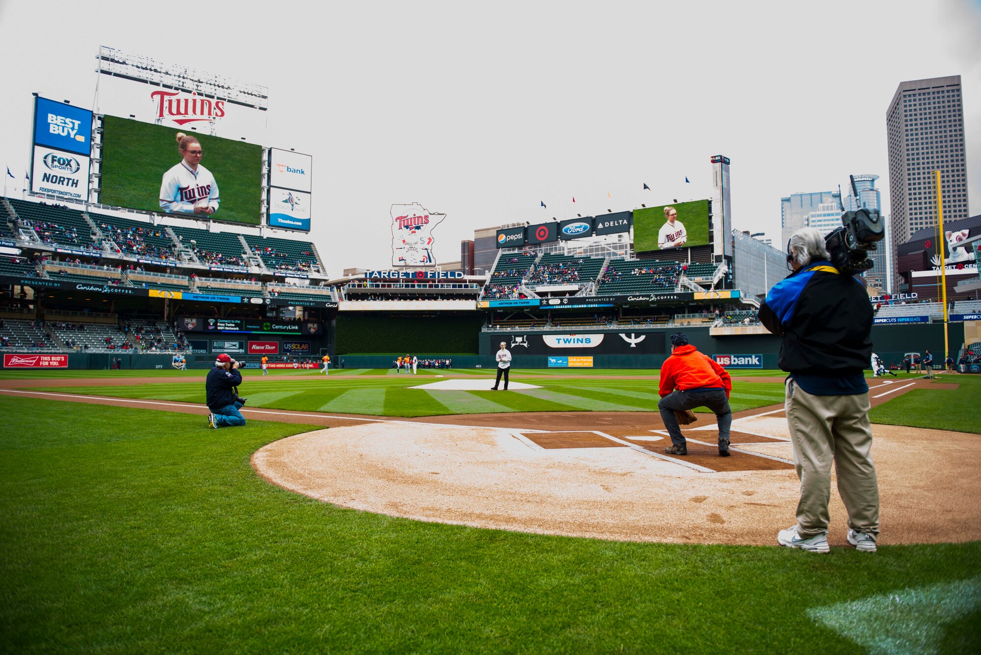 Staff Sgt. Sydney Whiteis, assigned to the 934th Security Forces Squadron, threw out the ceremonial first pitch before the start of the Minnesota Twins Major League Baseball game against the Houston Astros at Target Field in Minneapolis, Minn., May 2, 2019.  Two hours before the game, Whiteis was surprised to learn she was selected to throw out the opening pitch.