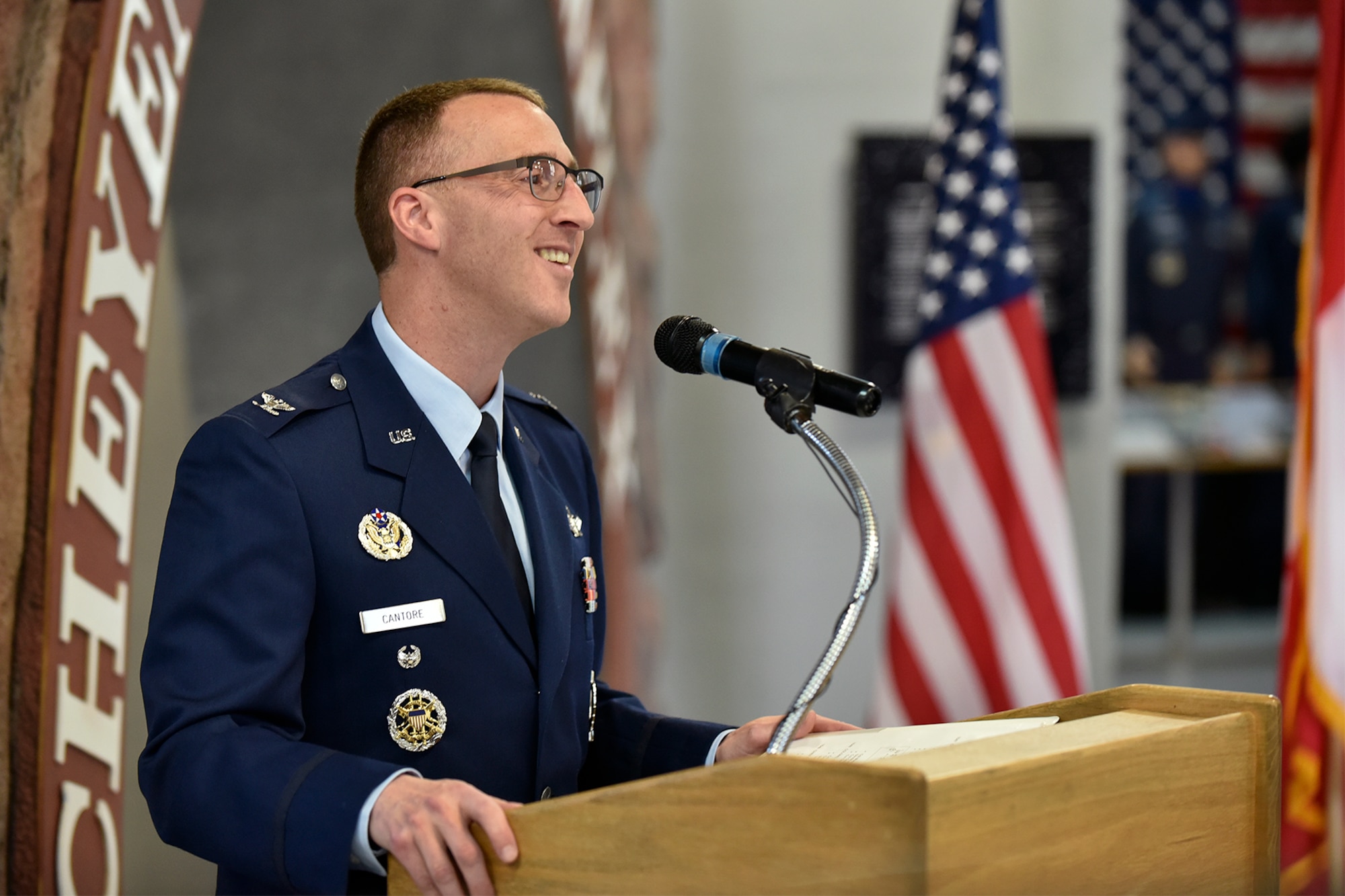 PETERSON AIR FORCE BASE, Colo. – Col. Matthew Cantore, 21st Operations Group commander, addresses the audience at the 21st OG change of command at Peterson Air Force Base, Colorado, May 1, 2019. Cantore assumed command from Col. Devin Pepper during a ceremony at the Peterson Air and Space Museum. (U.S. Air Force photo by Craig Denton)