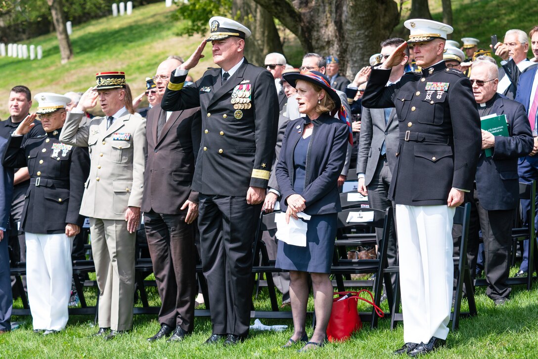 Lt. Gen. Mark A. Brilakis (right), U.S. Marine Corps Forces Command Commander, attends the Wreath of Remembrance Ceremony held at the Cypress Hills National Cemetery in Brooklyn, New York, May 2, 2019. The Ceremony was held to honor the Centennial of World War I and Navy-Marine Corps heroes in advance of Fleet Week. The U.S. WWI Centennial Commission-sponsored event honored Sailors from France and the U.K. who died in New York City in 1918 and double Medal of Honor recipients U.S. Navy Coxswain John Cooper and U.S. Marine Corps Sergeant Major Dan Daly. (Courtesy Photo)