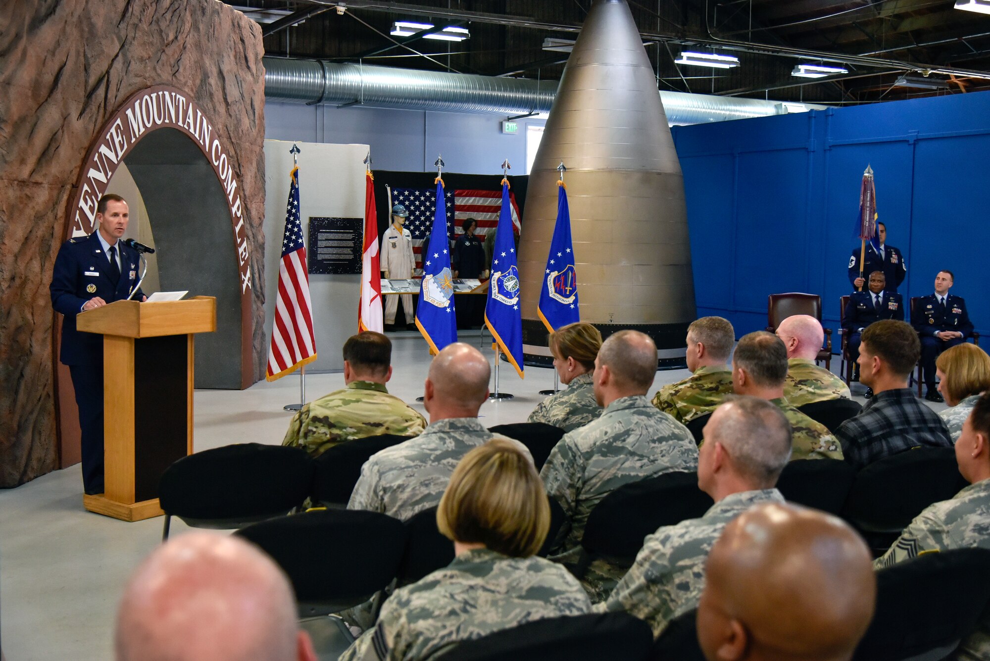 PETERSON AIR FORCE BASE, Colo. - Col. Todd Moore, 21st Space Wing commander, provides remarks during the 21st Operations Group change of command at Peterson Air Force Base, Colorado, May 1, 2019. “We’ve got phenomenal squadron commanders, superintendents, first sergeants, senior non-commissioned officers, NCOs and Airmen in the 21st Operations Group,” said Moore. (U.S. Air Force photo by Craig Denton)