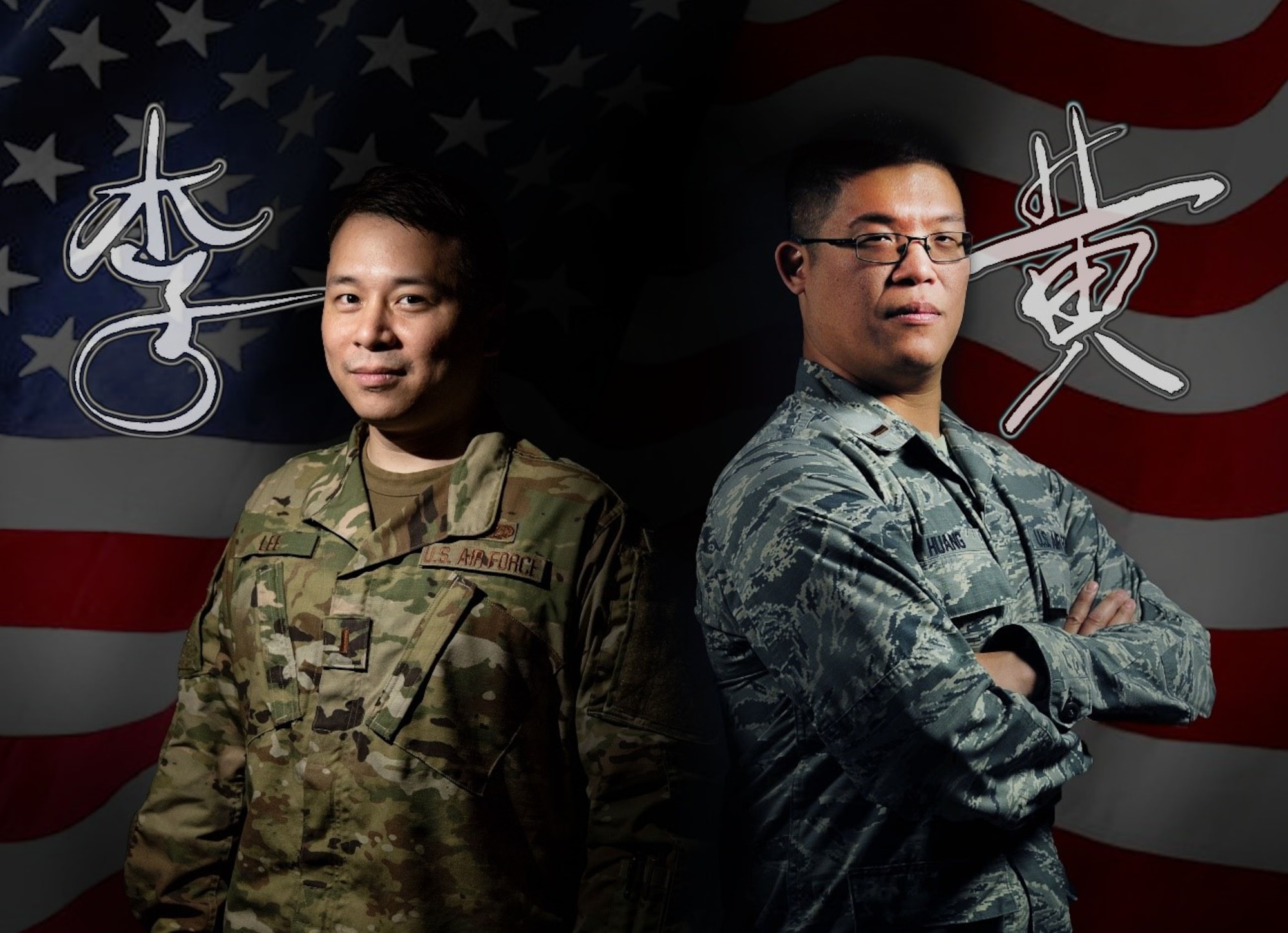 (from left to right) 2nd LTs Yuan-Xun Lee, Global Information Exploitation Squadron Open Skies project engineer and Derek Huang, Signal Analysis Squadron member, are positioned in front of an American flag with their names written in Chinese in their handwriting next to them. Both Huang and Lee are Chinese Americans serving at the National Air and Space Intelligence Center, Wright-Patterson AFB, Ohio. (U.S. Air Force graphic/Staff Sgt. Seth Stang)