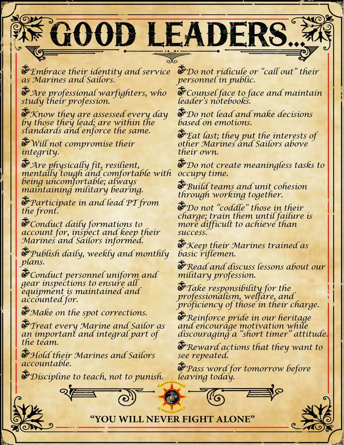 A flyer describing the traits good leaders employ.