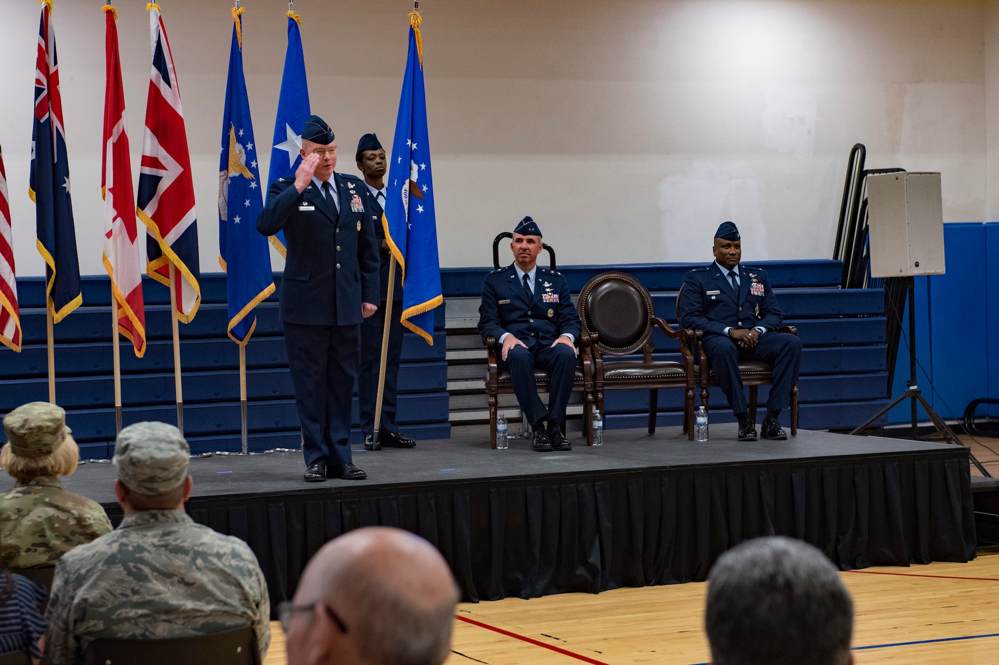 Col. Troy Endicott, 460th Space Wing outgoing commander, renders a final salute to the wing during the 460th SW change of command ceremony May 3, 2019, on Buckley Air Force Base, Colorado.