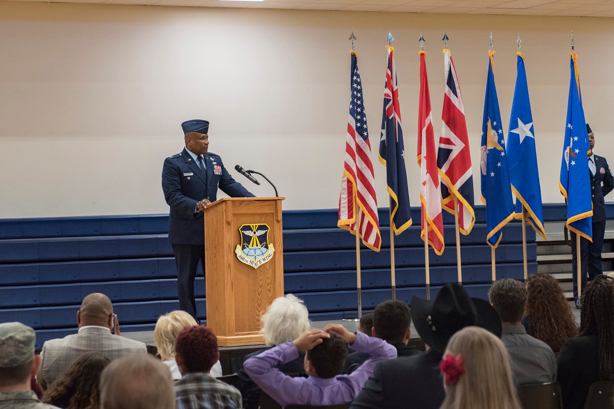 Col. Devin Pepper, 460th Space Wing commander, speaks to his wing for the first time during the 460th SW change of command ceremony May, 3, 2019, on Buckley Air Force Base, Colorado.