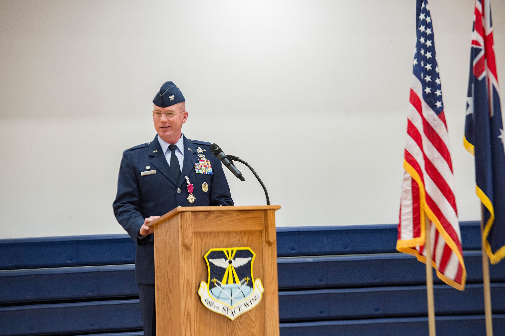 Col. Troy Endicott, 460th Space Wing outgoing commander, speaks to the wing for the final time as their commander during the 460th SW change of command ceremony May 3, 2019, on Buckley Air Force Base, Colorado.