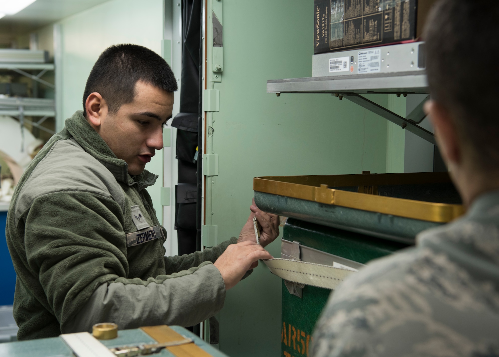 Airman First Class Anthony Zermeno, 366th Component Maintenance Squadron precision measure equipment laboratoty technician, straps down diagnostic equipment in a Rapid Assistance Support for Calibration (RASCAL) Jan. 14, 2019, at Mountain Home Air Force Base, Idaho. The PMEL team restored and prepared this RASCAL, which is one of two of its kind in the Air Force, for its first deployment in 10 years to Joint Base Pearl Harbor - Hickam, Hawaii. (U.S. Air Force photo by Airman First Class Andrew Kobialka)