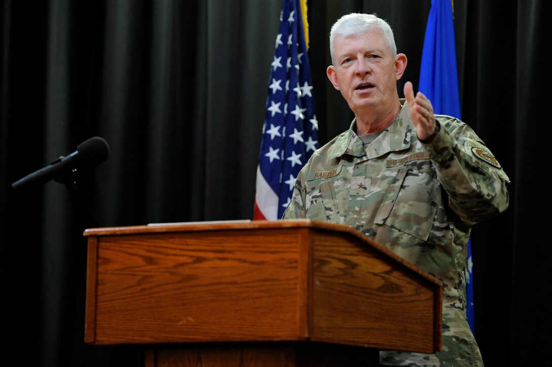 Chaplain (Brig. Gen.) Ron Harvell, Air Force Deputy Chief of Chaplains, speaks during the National Prayer Luncheon May 1, 2019 at F. E. Warren Air Force Base, Wyoming. Harvell stated people who practice their faith with others are six times less likely to commit suicide. (U.S. Air Force photo by Tech. Sgt. Ashley Manz)