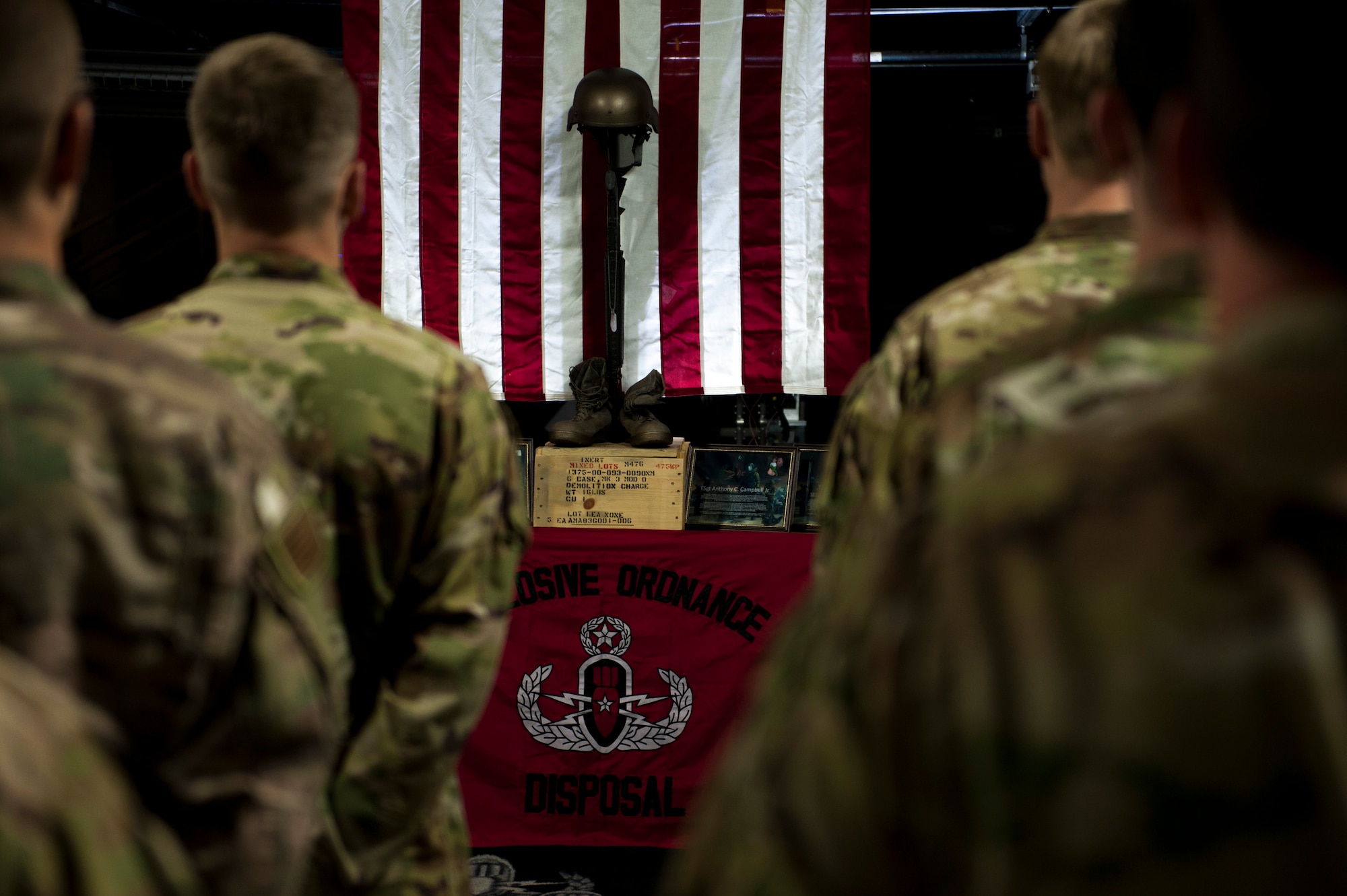 Members of the 341st Civil Engineer Squadron explosive ordnance disposal unit stand in formation during a memorial ceremony May 3, 2019, at Malmstrom Air Force Base, Mont. to honor Air Force EOD technicians who sacrificed their lives in the line of duty.