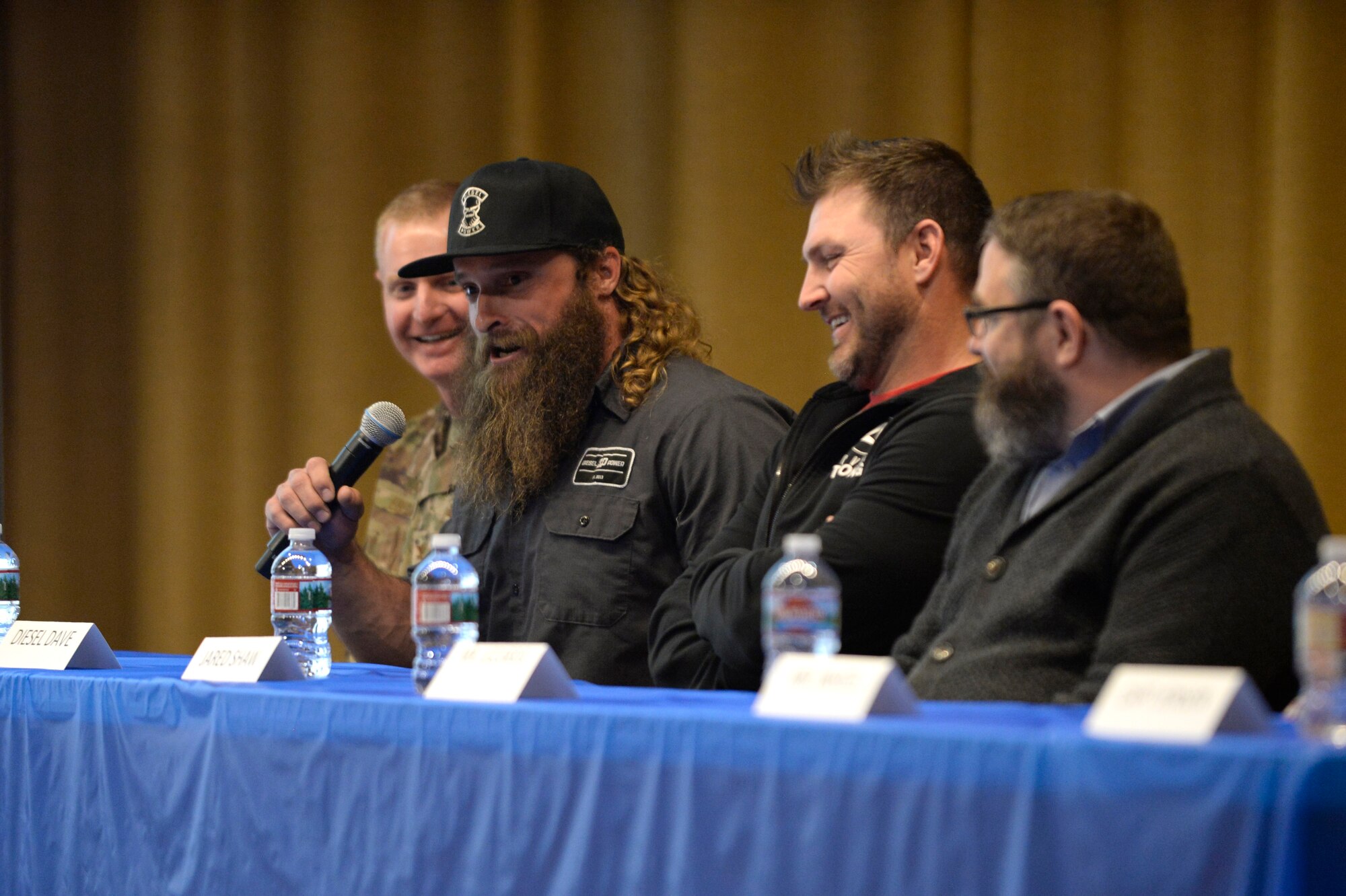 Television personality Diesel Dave Kiley of the Discovery Channel’s Diesel Brothers during a panel interview at the premiere of The Big Picture April 18, 2019, at Hill Air Force Base, Utah. Kiley appears in the The Big Picture, the first of six ads being produced at Hill AFB, urging Airmen to reach out to resources such as mental health, alcohol and drug abuse treatment, sexual assault response, family advocacy, and employee assistance when it’s needed. (U.S. Air Force photo by David Perry)