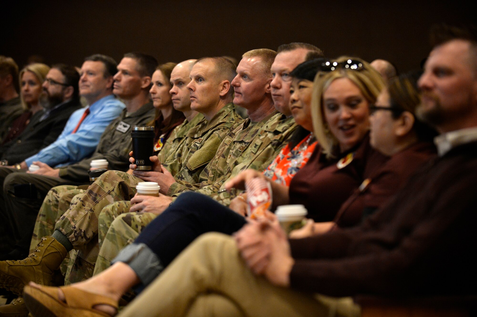 Base personnel and their families during the premiere of The Big Picture April 18, 2019, at Hill Air Force Base, Utah. The Big Picture is the first of six ads being produced at Hill AFB, urging Airmen to reach out to resources such as mental health, alcohol and drug abuse treatment, sexual assault response, family advocacy, and employee assistance when it’s needed. (U.S. Air Force photo by David Perry)