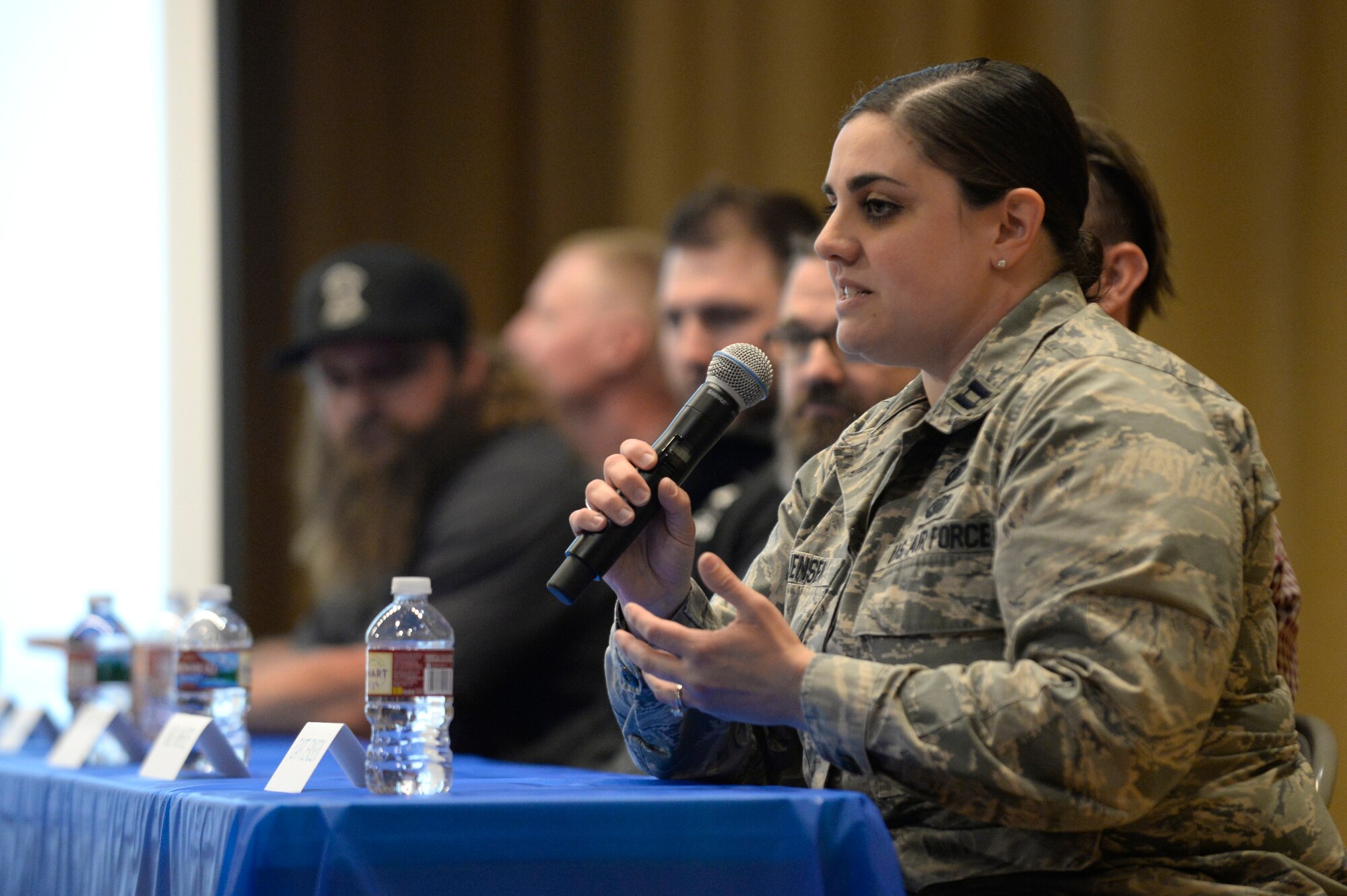 Capt. Madeleine Jensen, base deputy sexual assault response coordinator, during a panel interview at the premiere of The Big Picture April 18, 2019, at Hill Air Force Base, Utah. Jensen wrote the scripts for The Big Picture five and five other ads being produced at Hill AFB, urging Airmen to reach out to resources such as mental health, alcohol and drug abuse treatment, sexual assault response, family advocacy, and employee assistance when it’s needed. (U.S. Air Force photo by David Perry)