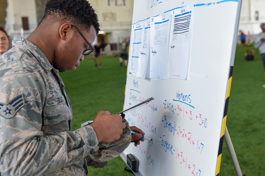 Senior Airman Von Black, a 28th Force Support Squadron fitness apprentice tallies up competitors’ scores to determine the winners of the Ellsworth Air Force Base’s Strongest Competition at the Pride Hangar on Ellsworth AFB, S.D., April 25, 2019. Event participants faced off on five tests of strength: max-out deadlift, farmer’s carry, tire flip, keg run and vehicle pull. (U.S. Air Force photo by Tech. Sgt. Jette Carr)