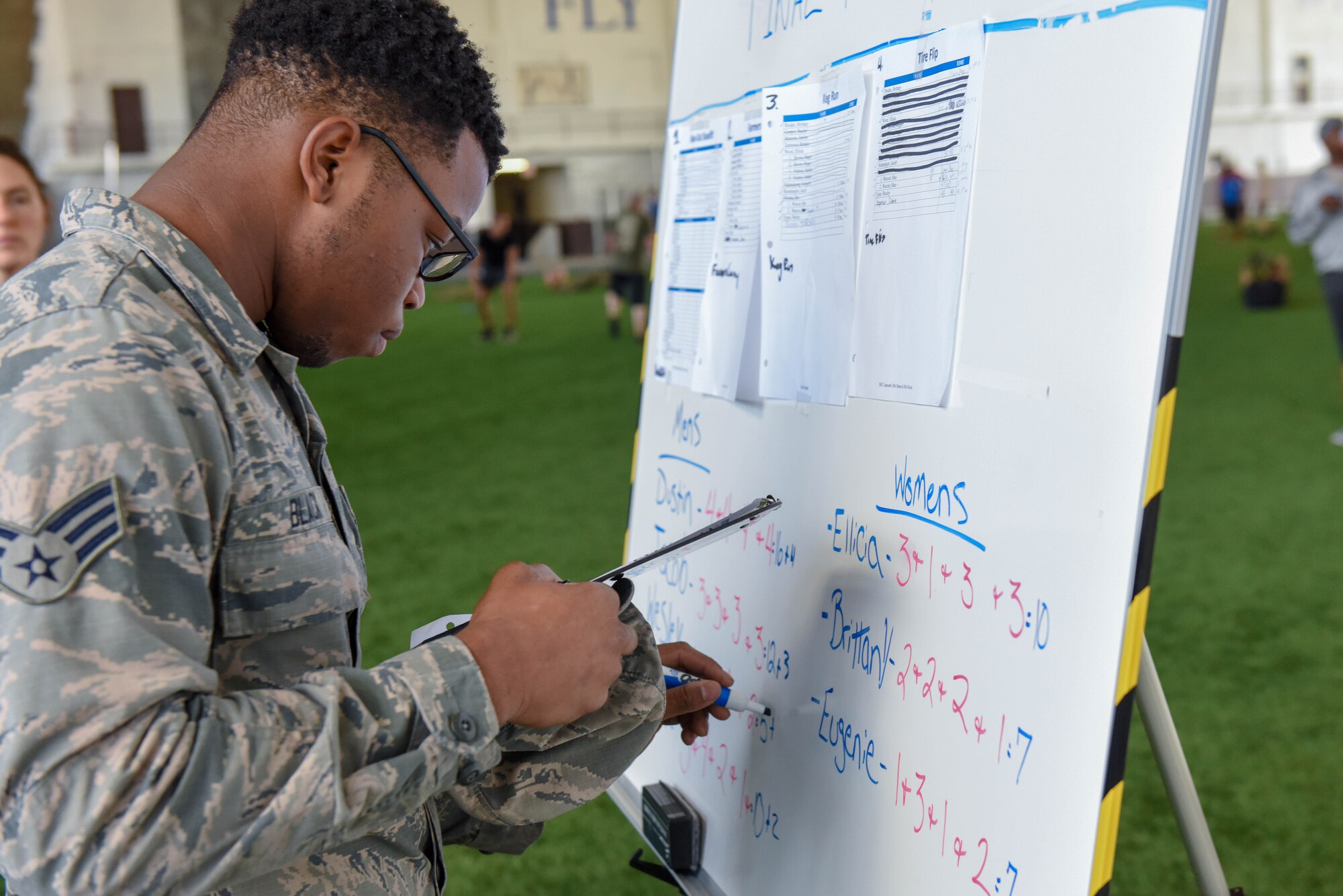 Senior Airman Von Black, a 28th Force Support Squadron fitness apprentice tallies up competitors’ scores to determine the winners of the Ellsworth Air Force Base’s Strongest Competition at the Pride Hangar on Ellsworth AFB, S.D., April 25, 2019. Event participants faced off on five tests of strength: max-out deadlift, farmer’s carry, tire flip, keg run and vehicle pull. (U.S. Air Force photo by Tech. Sgt. Jette Carr)