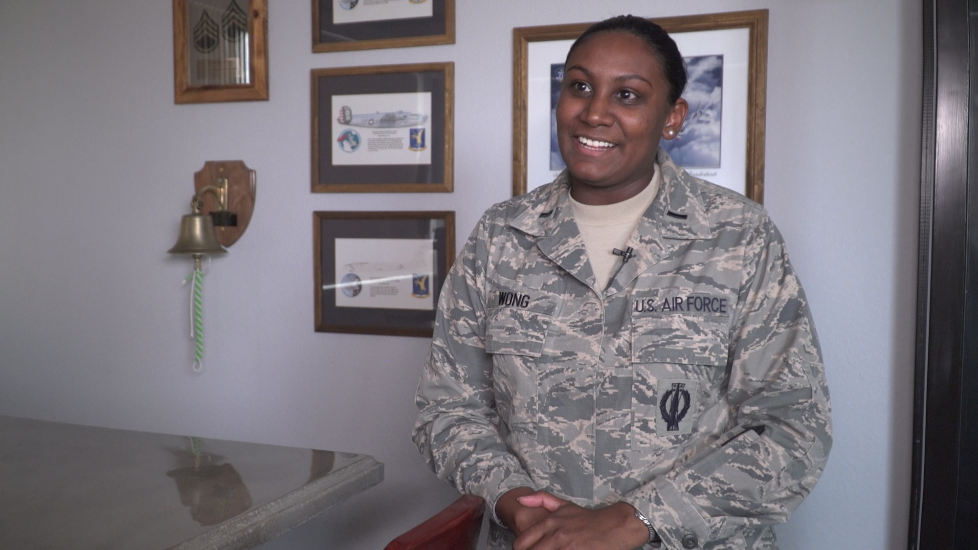 1st Lt. Kristal Wong, 321st Missile Squadron missile combat crew commander, gives an interview about mixed gender crew initiative at F.E. Warren Air Force Base, Wyoming, April 25, 2019. She explains why 1st Lt. Tenaugrie "Ten" Malone, 321 MS assistant flight commander, was awarded the Air Force Global Strike Command, NAACP Roy Wilkins Renowned Service Award.