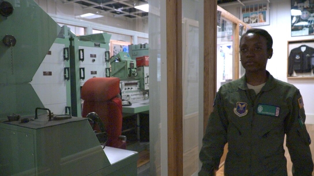 1st Lt. Tenaugrie "Ten" Malone, 321st Missile Squadron assistant flight commander, visits the F.E. Warren base museum, Wyoming, April 26, 2019. She shares her story behind being awarded the Air Force Global Strike Command, NAACP Roy Wilkins Renowned Service Award.(U.S. Air Force photo by 1st Lt. Nikita Thorpe)