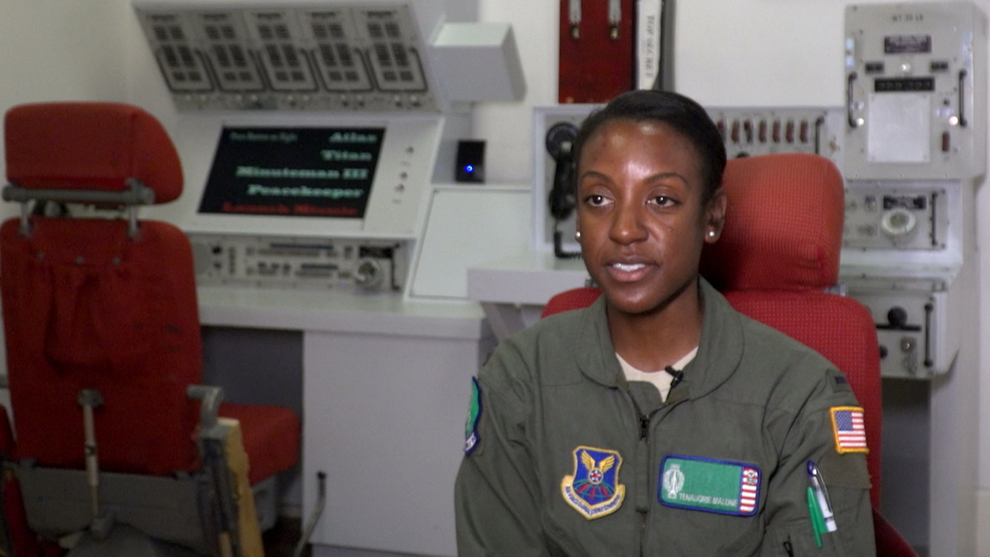 1st Lt. Tenaugrie "Ten" Malone, 321st Missile Squadron assistant flight commander, visits the F.E. Warren base museum, Wyoming, April 26, 2019. She shares her story behind being awarded the Air Force Global Strike Command, NAACP Roy Wilkins Renowned Service Award.(U.S. Air Force photo by 1st Lt. Nikita Thorpe)
