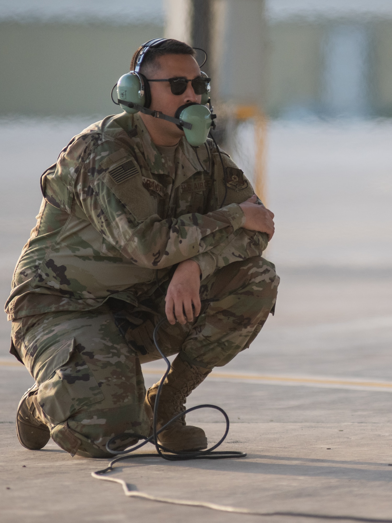 Staff Sgt. Benito Aranda, 380th Expeditionary Aircraft Maintenance Squadron crew chief, talks to a 4th Expeditionary Fighter Squadron F-35A Lightning II pilot before takeoff April 26, 2019, at Al Dhafra Air Base, United Arab Emirates.