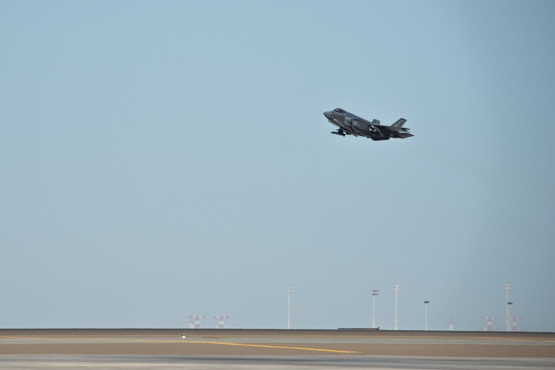 An F-35A Lightning II takes off April 26, 2019, at Al Dhafra Air Base, United Arab Emirates.