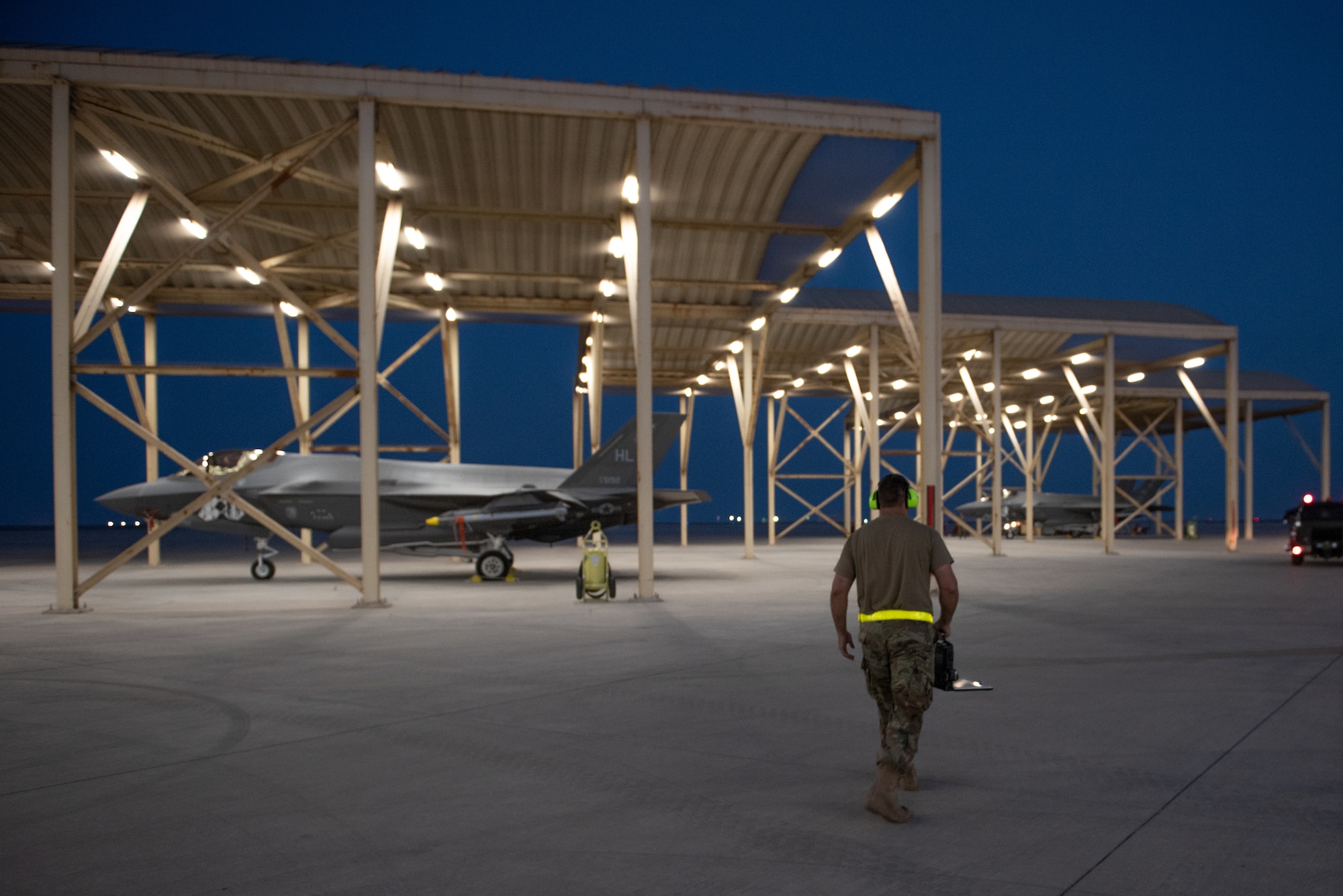 Staff Sgt. Karl Tesch, 380th Expeditionary Aircraft Maintenance Squadron weapons load crew chief, performs an inspection prior to launch April 26, 2019, at Al Dhafra Air Base, United Arab Emirates.