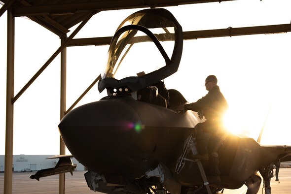 A 4th Expeditionary Fighter Squadron F-35A Lightning II pilot meets a crew chief April 26, 2019, at Al Dhafra Air Base, United Arab Emirates.