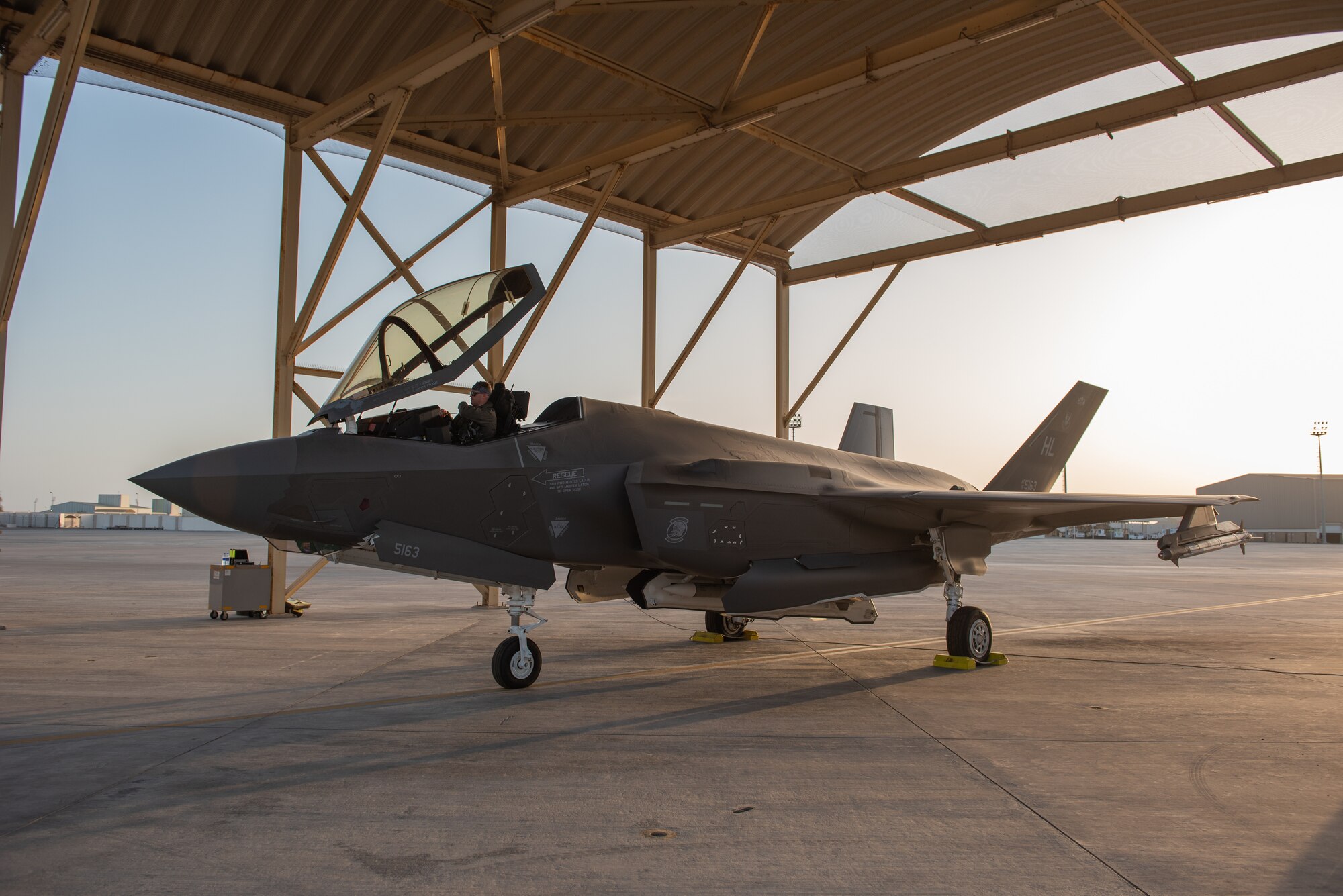 A 4th Expeditionary Fighter Squadron F-35A Lightning II pilot sits in his aircraft before a mission April 26, 2019, at Al Dhafra Air Base, United Arab Emirates.