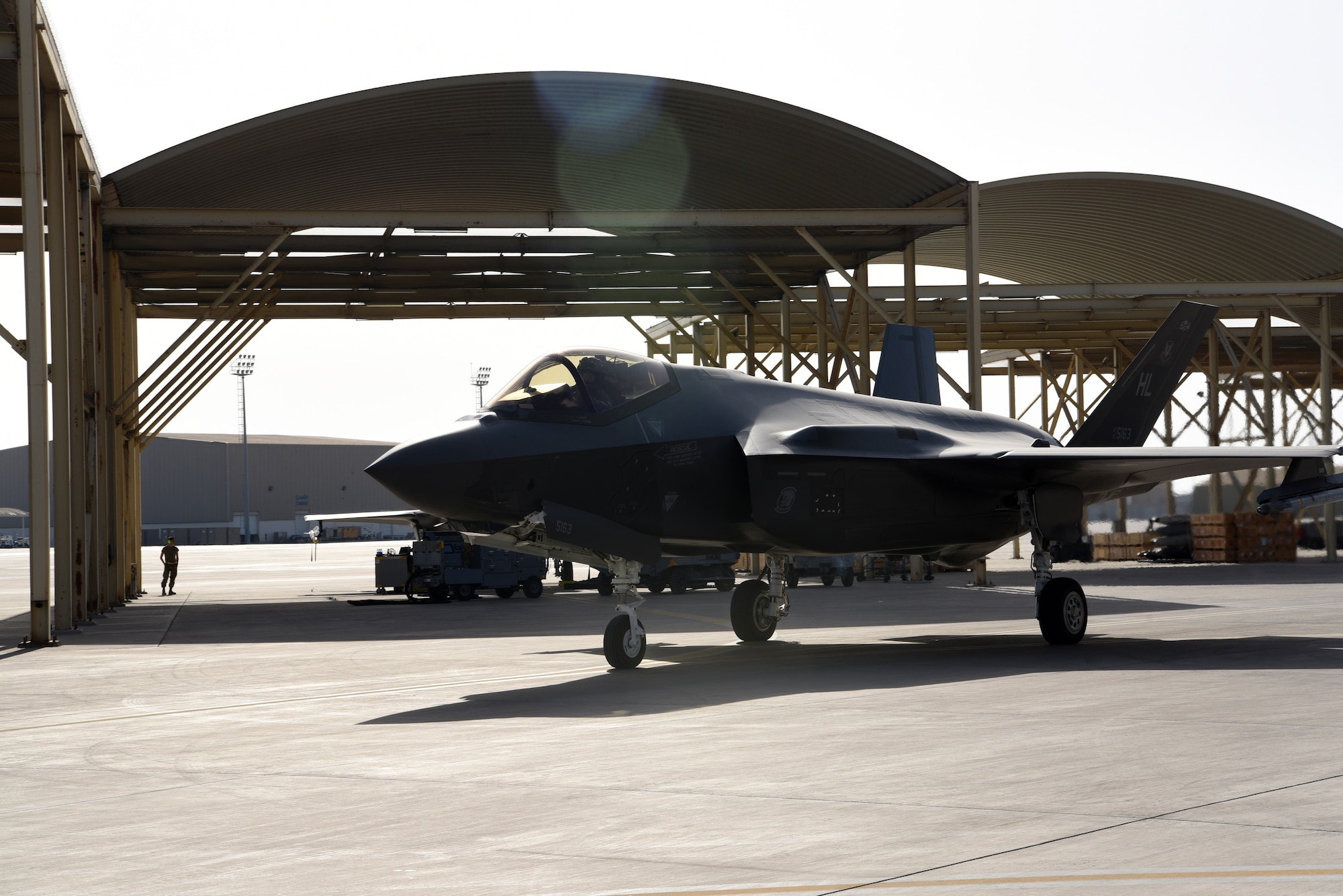 An F-35A Lightning II assigned to the 4th Expeditionary Fighter Squadron taxis prior to take-off at Al Dhafra Air Base, United Arab Emirates, April 26, 2019.