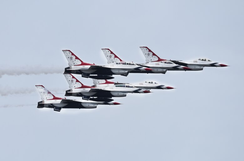 The U.S. Air Force Thunderbirds fly in formation during a practice session for the Keesler and Biloxi Air and Space Show in Biloxi, Mississippi, May 3, 2019. The Thunderbirds are headlining the Keesler and Biloxi Air and Space Show May 4-5. Thunder Over the Sound is a unique, one-of-a-kind event where a base and its surrounding city have jointly hosted one air show taking place in two locations. (U.S. Air Force photo by Senior Airman Jenay Randolph)