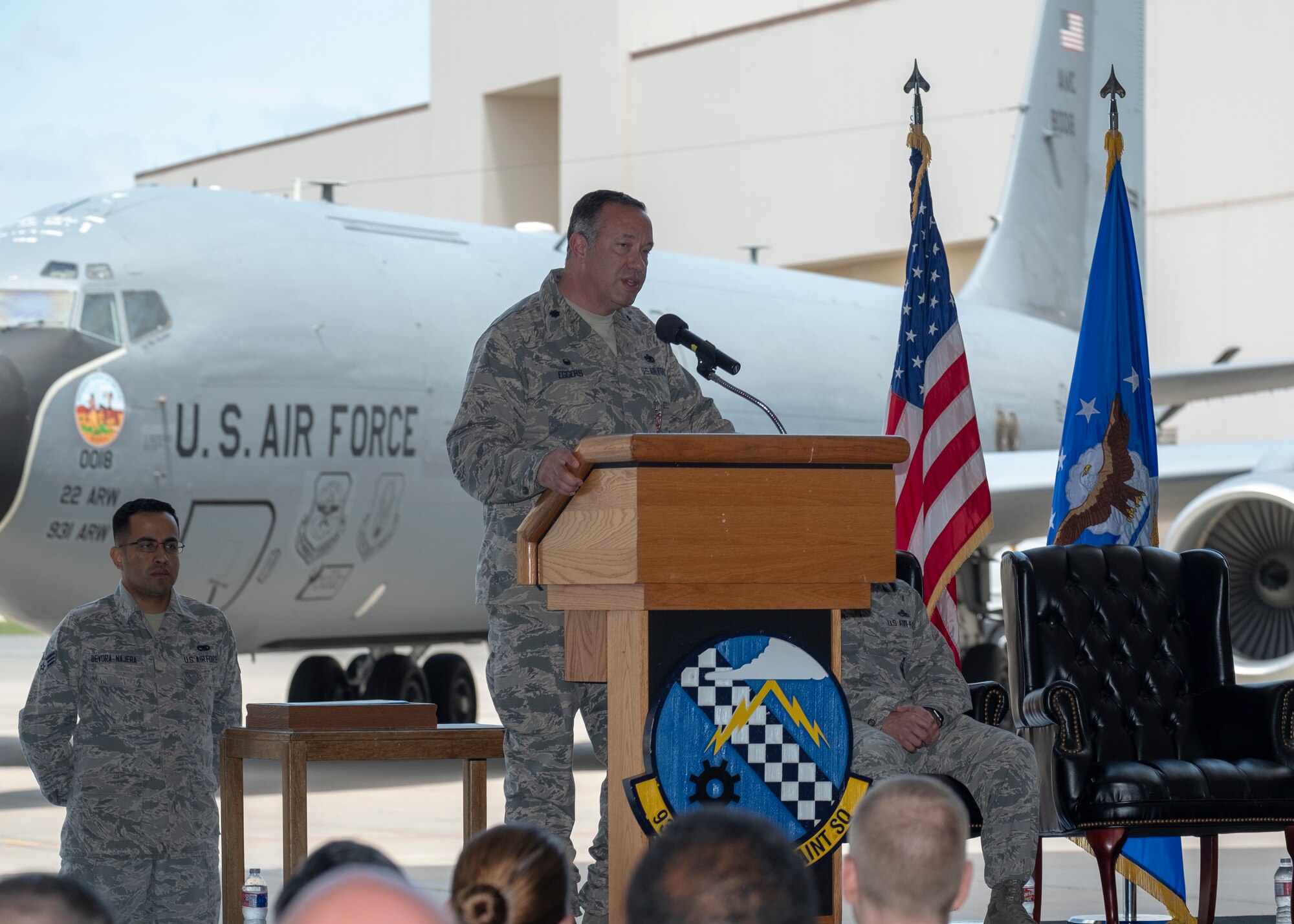 Lt. Col. Eric Eggers, outgoing 931st Aircraft Maintenance Squadron commander, addresses attendees of the 931 AMXS change of command ceremony