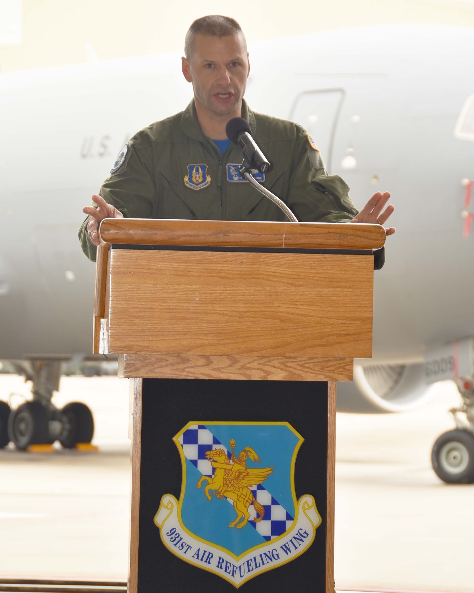 Col. Phil Heseltine, 931st Air Refueling Wing commander, speaks to an audience attending the 905th Air Refueling Squadron Reactivation and Assumption of Command Ceremony, May 4, 2019, McConnell Air Force Base, Kan.  This is one of the first squadrons in the Air Force dedicated to the KC-46A Pegasus. The 905 ARS has roots dating back to World War II.