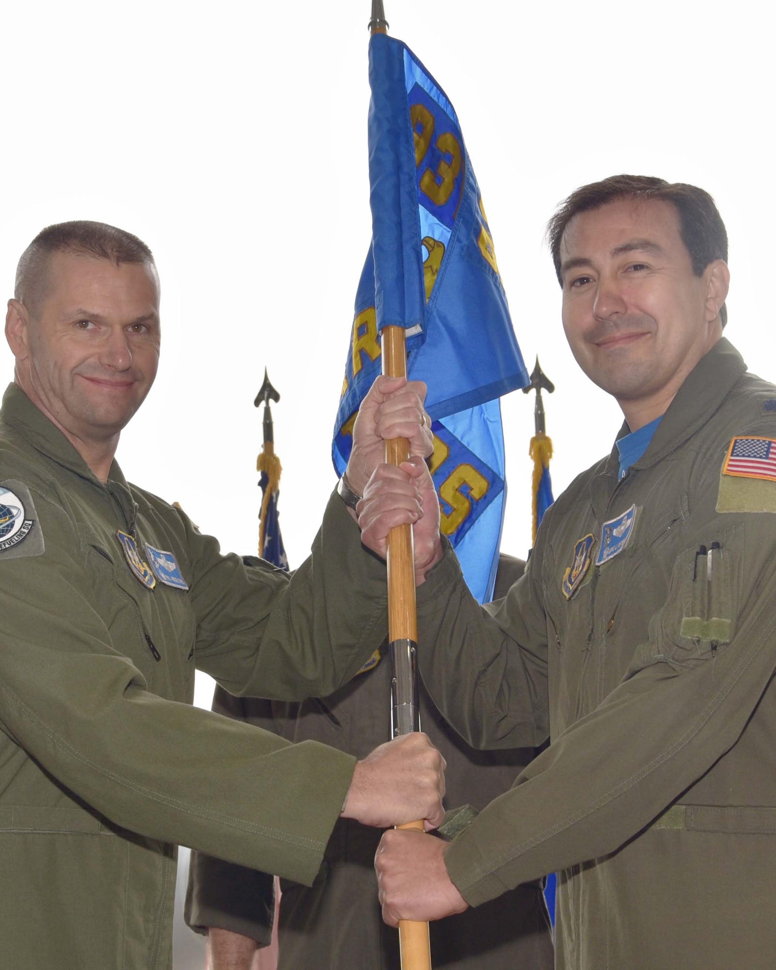 Col. Phil Heseltine, 931st Air Refueling Wing commander, hands the guidon to Lt. Col. Eric Rivero, the incoming 905th Air Refueling Squadron commander, during an official ceremony, May 4, 2019, McConnell Air Force Base, Kan.  Previously, the 905 ARS was the first Air Force flying unit to be assigned to Grand Forks Air Force Base, N.D, and it received its first KC-135 Stratotanker in 1960.  The unit stayed at Grand Forks until it was deactivated in 2010.