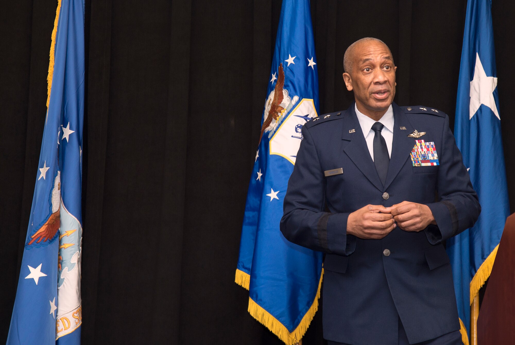 Maj. Gen. Leonard Isabelle, Jr., commander of the Michigan Air National Guard, addresses the audience while presiding over Brig. Gen. Rolf E. Mammen’s promotion ceremony here on May 4, 2019.
