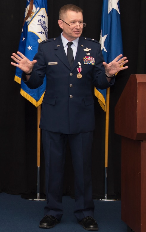 Brig. Gen. Rolf E. Mammen, commander of the 127th Wing and Selfridge Air National Guard Base, addresses the audience during his promotion ceremony here, May 4, 2019.