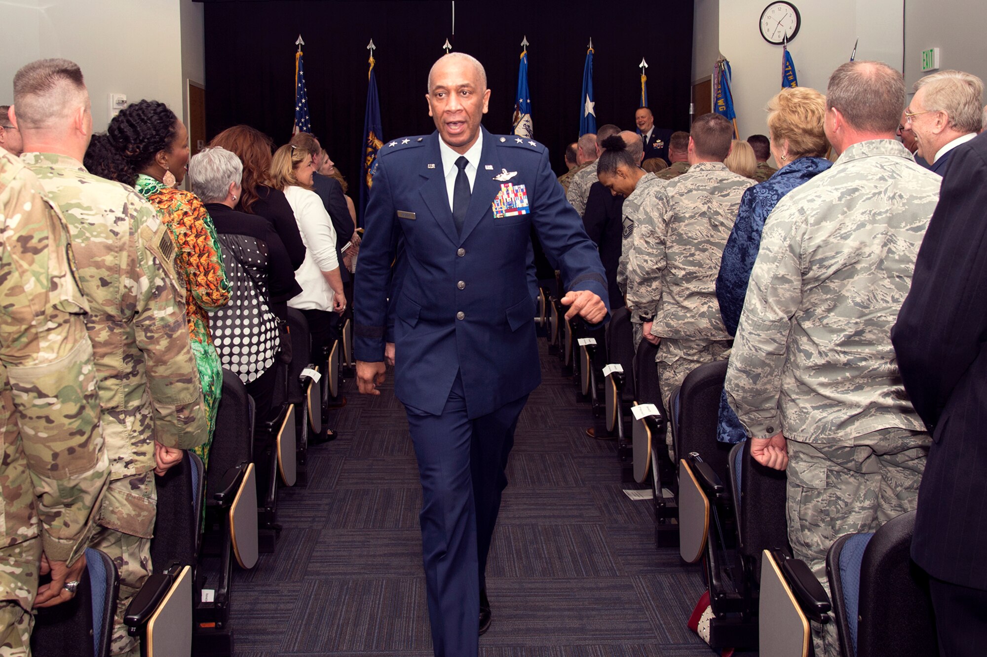 SELFRIDGE AIR NATIONAL GUARD BASE, Mich.— Maj. Gen. Leonard Isabelle, Jr., commander of the Michigan Air National Guard, exits as part of the official party after Brig. Gen. Rolf E. Mammen, commander of the 127th Wing, is promoted from colonel to brigadier general here on May 4, 2019.