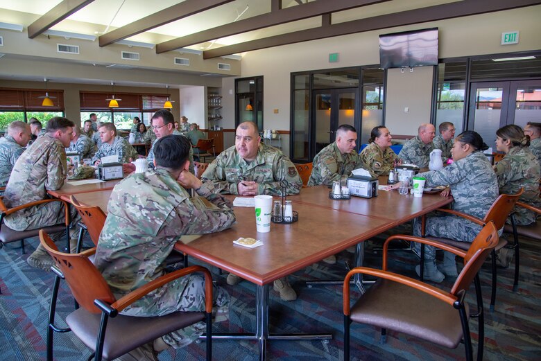 Members of the 302nd Airlift Wing participate in a speed mentoring session May 5, 2019 at the Argon Dining Facility on Peterson Air Force Base, Colorado. (U.S. Air Force photo by Staff Sgt. Heather Heiney)