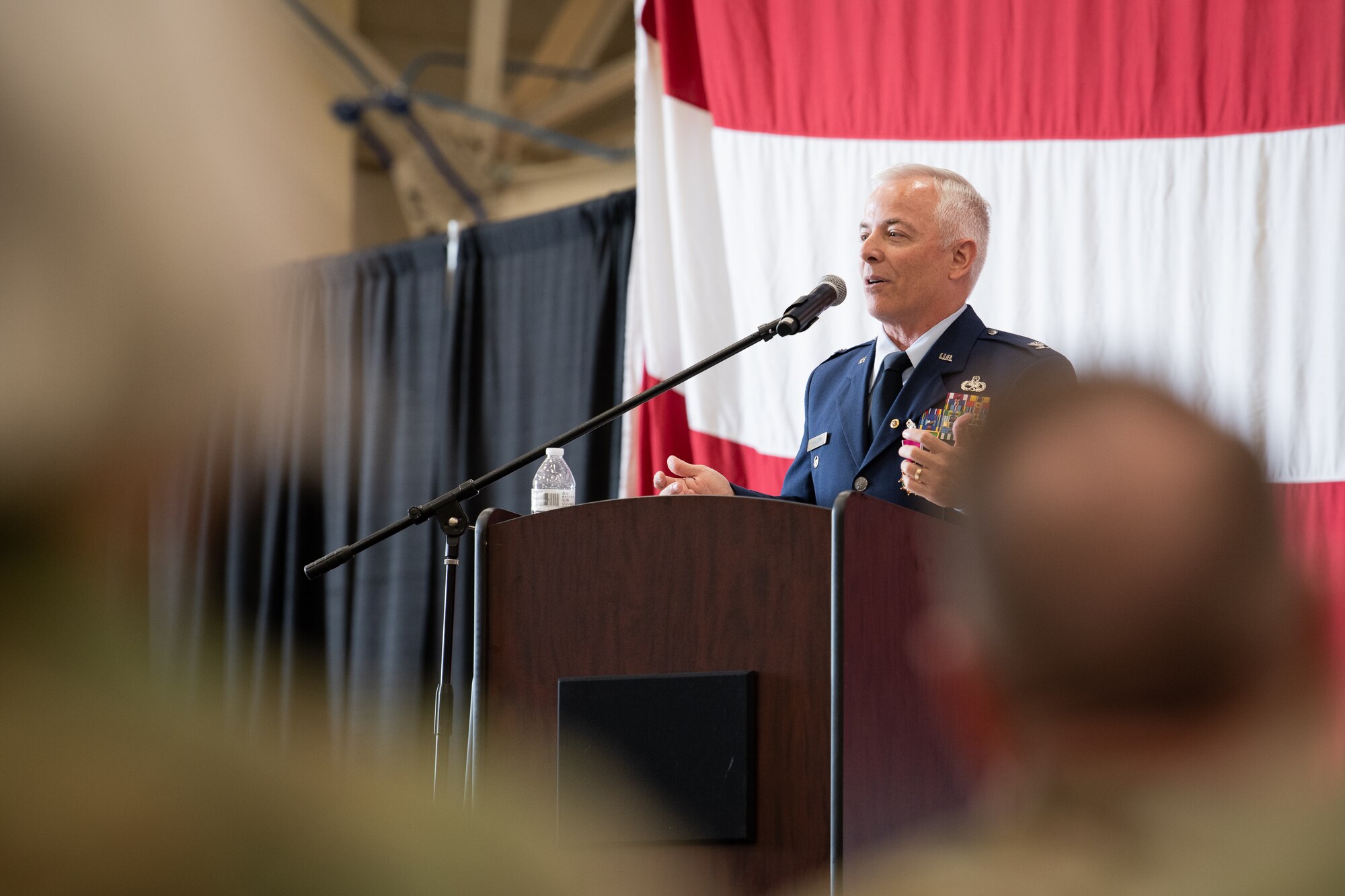 Col. Douglas D. Hayworth, 137th Special Operations Wing (137th SOW) vice commander, addresses the Airmen of the 137th SOW during his retirement ceremony at Will Rogers Air National Guard Base in Oklahoma City, May 4, 2018. Hayworth retired after serving more than 30 years with the Wing. (U.S. Air National Guard Photo by Senior Airman Jordan Martin)