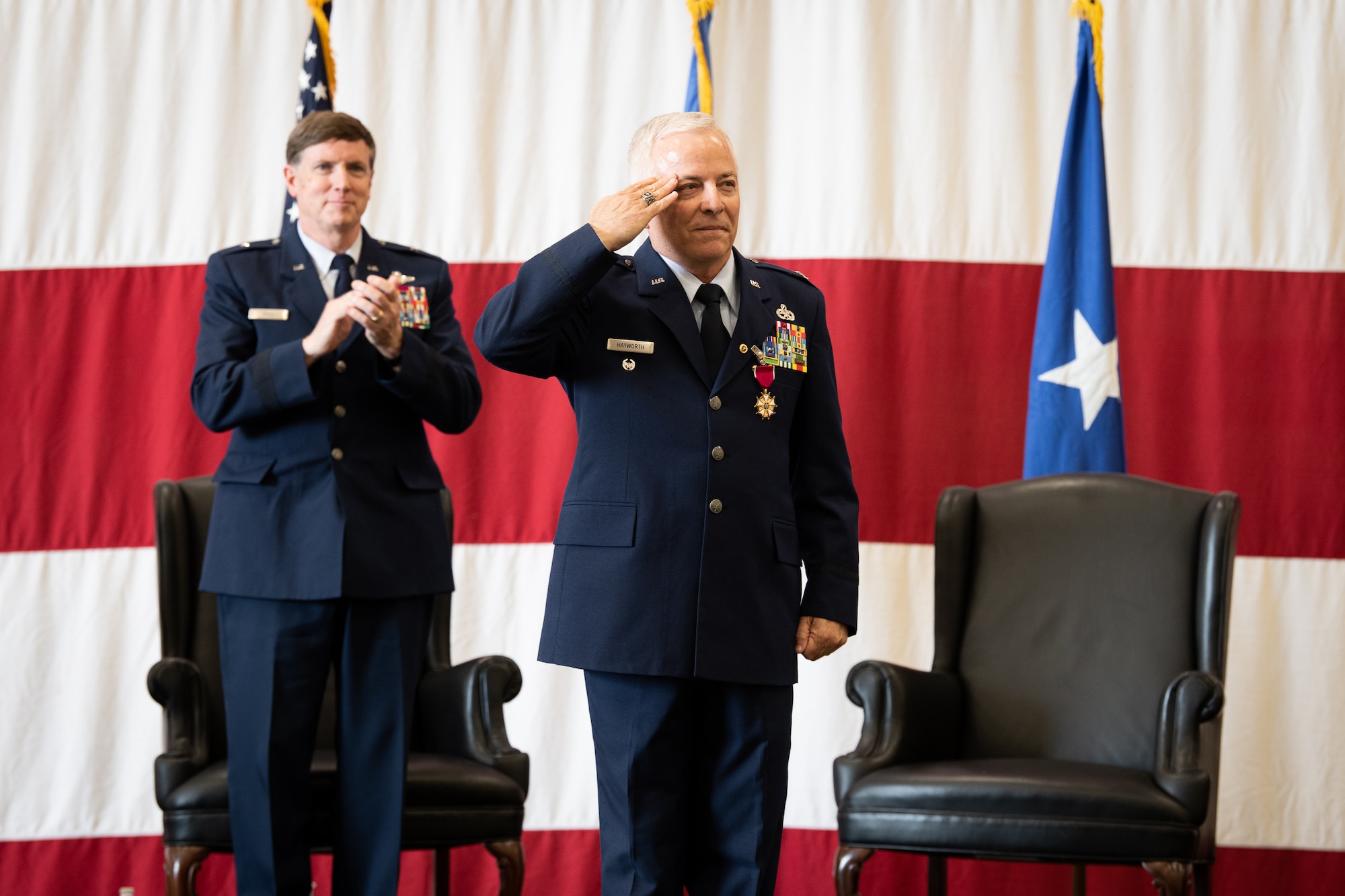 Col. Douglas D. Hayworth, 137th Special Operations Wing (137th SOW) vice commander, renders his final salute to members of the 137th SOW during his retirement ceremony at Will Rogers Air National Guard Base in Oklahoma City, May 4, 2018. Hayworth retired after serving more than 30 years with the Wing. (U.S. Air National Guard Photo by Senior Airman Jordan Martin)