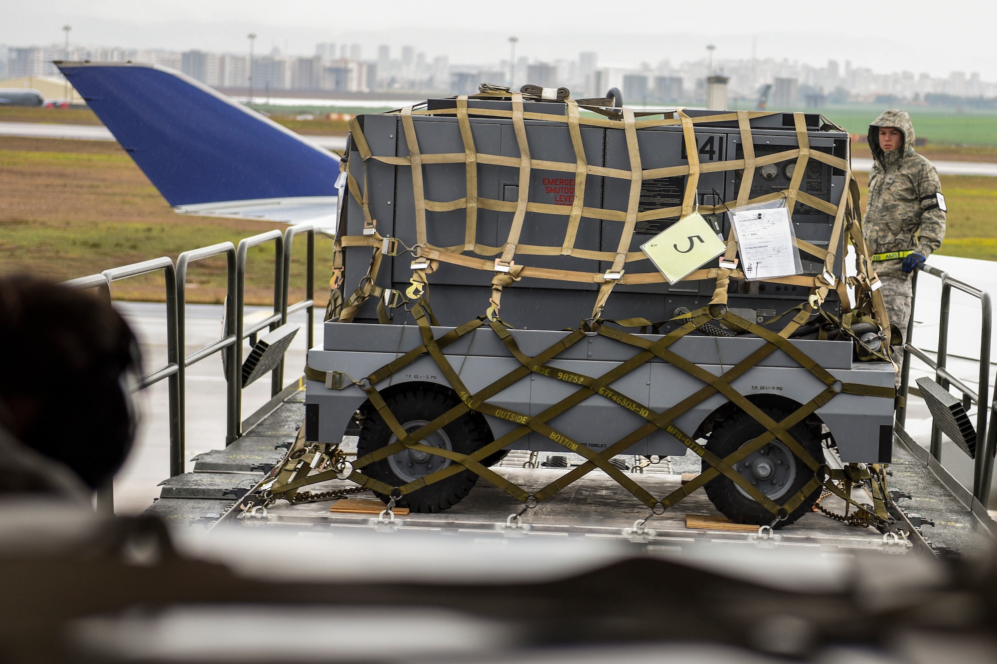 Senior Airman Dane Johnson, 728th Air Mobility Squadron aircraft services journeyman, unloads cargo from an Atlas 747 airliner March 3, 2019, at Incirlik Air Base, Turkey. The 728th AMS aircraft services flight ensures the base has the supplies it needs to maintain daily operations such as food and maintenance supplies. (U.S. Air Force photo by Staff Sgt. Ceaira Tinsley)