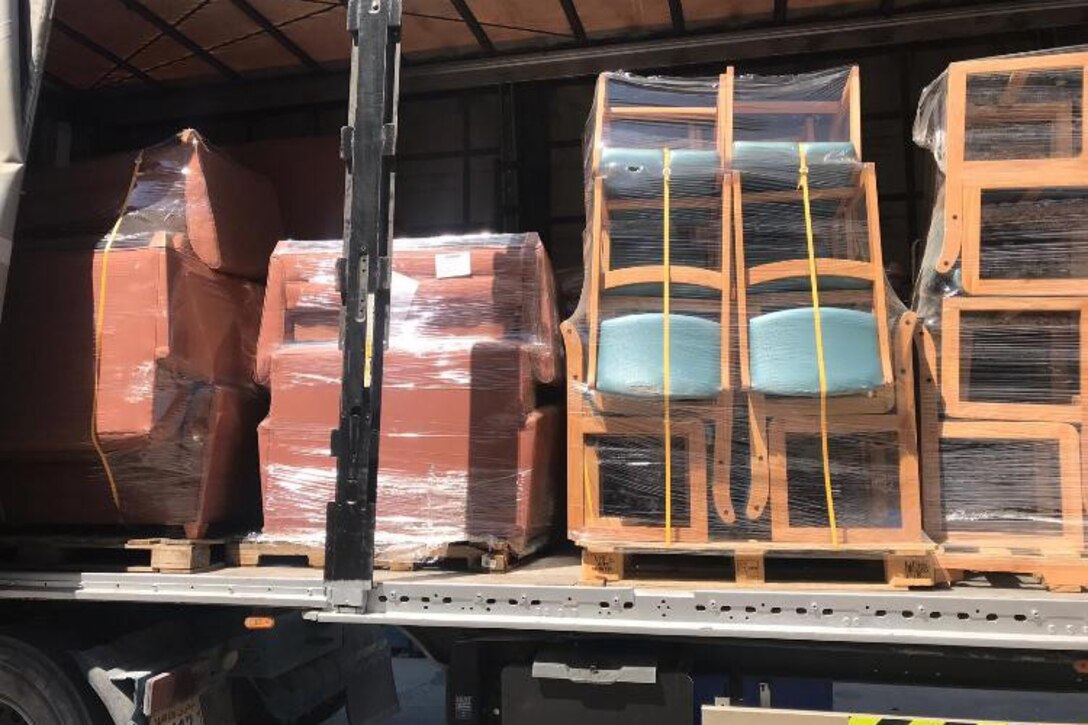 A variety of chairs await transport from the DLA Disposition Services site in Bahrain to the local Red Crescent Society where they will help those in need.