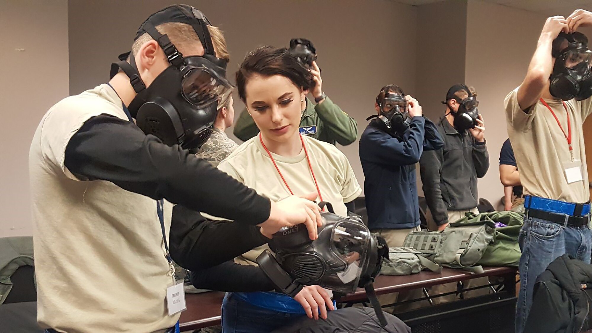 Members of the 445th Airlift Wing’s Development and Training Flight participate in MOP gear training during the March 24, 2019 unit training assembly