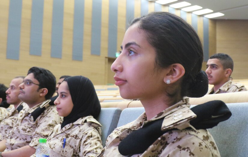 Officers in the Bahrain Defense Force listen to a speaker during a medical subject matter expert exchange at the Crown Prince Center of Training and Medical Research in Bahrain, April 14, 2019.